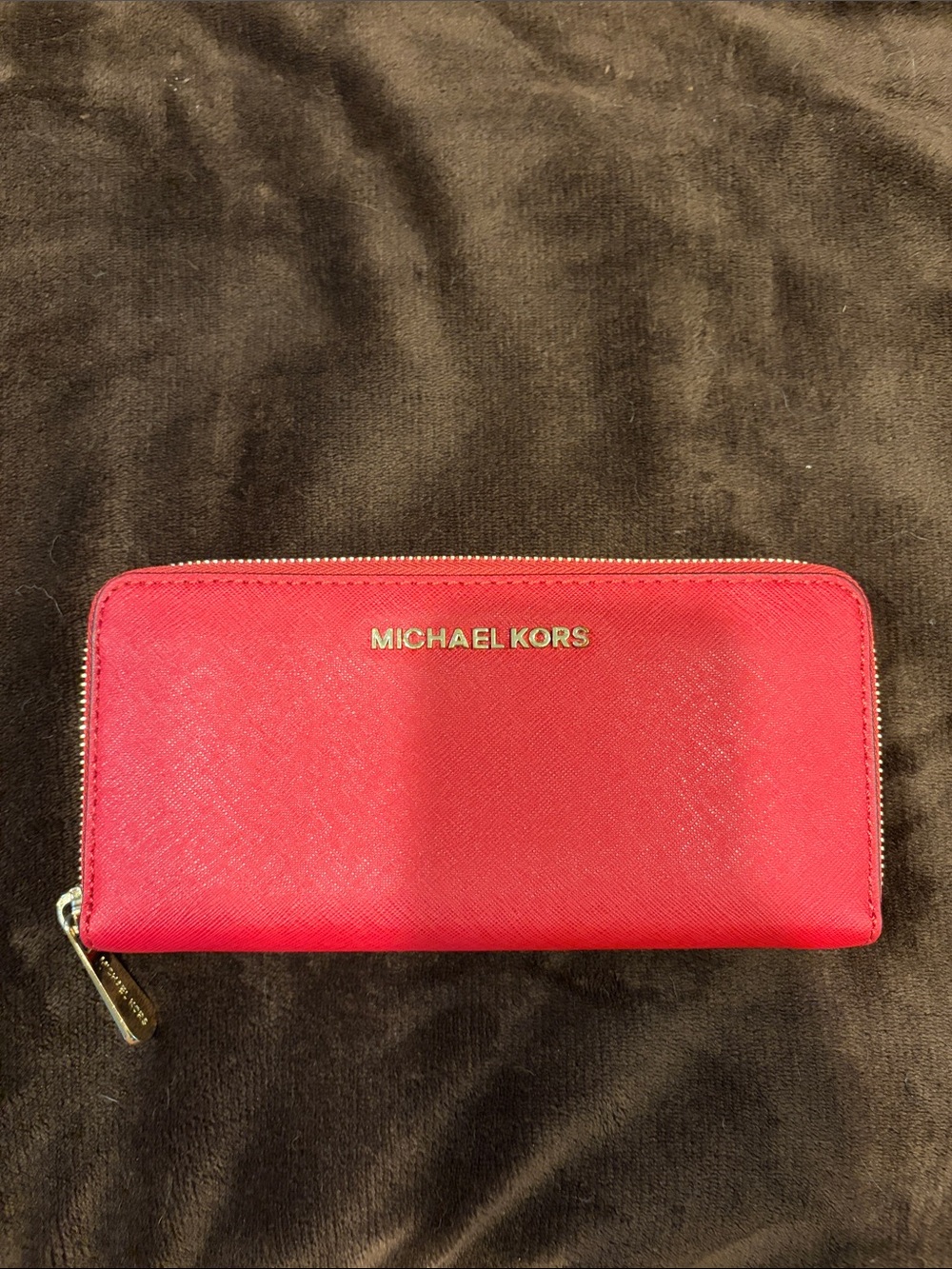 Michael Kors Red Zip Around Saffiano Leather Wallet with Gold Logo
